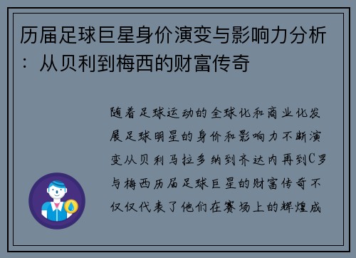 历届足球巨星身价演变与影响力分析：从贝利到梅西的财富传奇