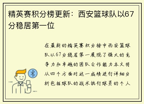 精英赛积分榜更新：西安篮球队以67分稳居第一位
